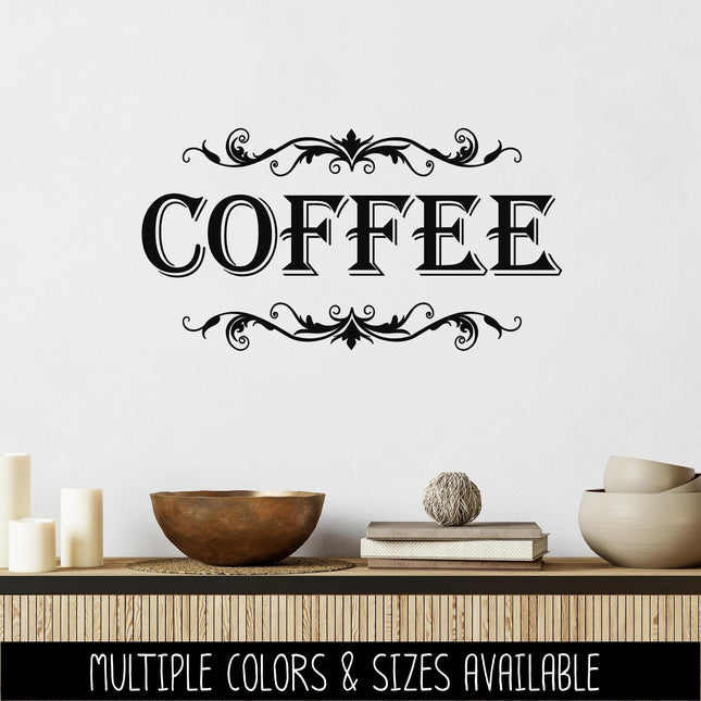 Coffee with Scroll Decal - Coffee Sticker - Food Pantry Door Label - Food Pantry Door Sticker - Kitchen Door Decal - Coffee - Barista Bar