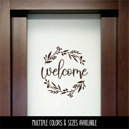 Floral Welcome Wreath Decal, Front Door Sticker, Farmhouse Porch Decor, Botanical Welcome Sign Vinyl Lettering, Entryway Wall Art