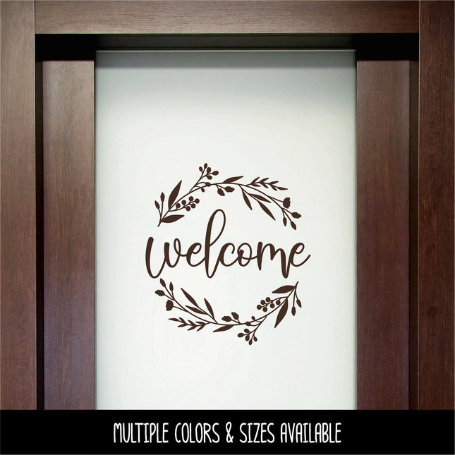 Floral Welcome Wreath Decal, Front Door Sticker, Farmhouse Porch Decor, Botanical Welcome Sign Vinyl Lettering, Entryway Wall Art