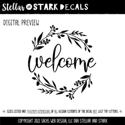 Floral Welcome Wreath Decal, Front Door Sticker, Farmhouse Porch Decor, Botanical Welcome Sign Vinyl Lettering, Entryway Wall Art