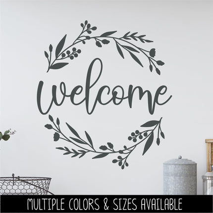 Floral Welcome Wreath Decal, Front Door Sticker, Farmhouse Porch Decor, Botanical Welcome Sign Vinyl Lettering, Entryway Wall Art