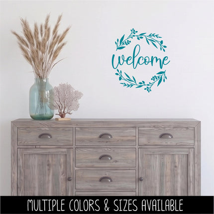 Floral Welcome Wreath Decal, Front Door Sticker, Farmhouse Porch Decor, Botanical Welcome Sign Vinyl Lettering, Entryway Wall Art