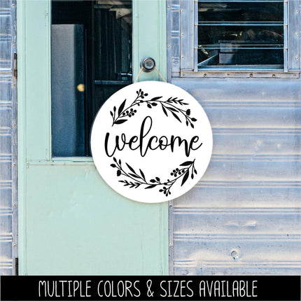 Floral Welcome Wreath Decal, Front Door Sticker, Farmhouse Porch Decor, Botanical Welcome Sign Vinyl Lettering, Entryway Wall Art