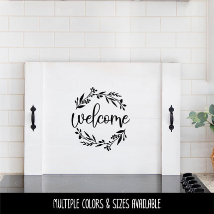 Floral Welcome Wreath Decal, Front Door Sticker, Farmhouse Porch Decor, Botanical Welcome Sign Vinyl Lettering, Entryway Wall Art