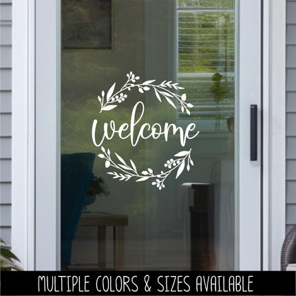 Floral Welcome Wreath Decal, Front Door Sticker, Farmhouse Porch Decor, Botanical Welcome Sign Vinyl Lettering, Entryway Wall Art