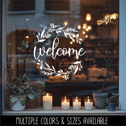 Floral Welcome Wreath Decal, Front Door Sticker, Farmhouse Porch Decor, Botanical Welcome Sign Vinyl Lettering, Entryway Wall Art