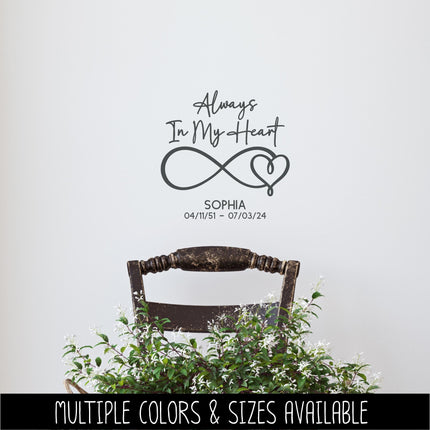 Always In My Heart Infinity Heart Personalized Vinyl Decal Sticker, Memorial Sign, Remembrance Decal, In Loving Memory Door, Bereavement