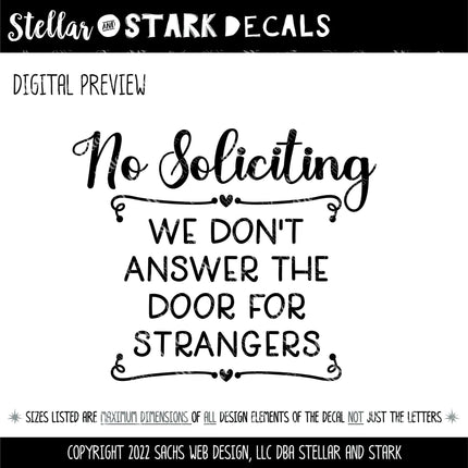No Soliciting We Don't Answer The Door For Strangers Vinyl Decal, Friendly Porch Sign Sticker, Modern Farmhouse Door Decor, Home Security