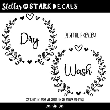 Laurel Leaves Wash Dry Hearts Wreath Vinyl Decal/Sticker Set