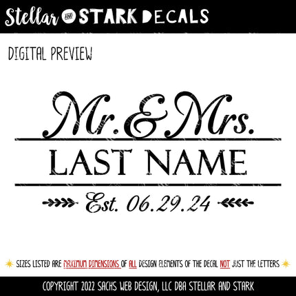 Customizable Mr. & Mrs. Name and Year Vinyl Decal/Sticker